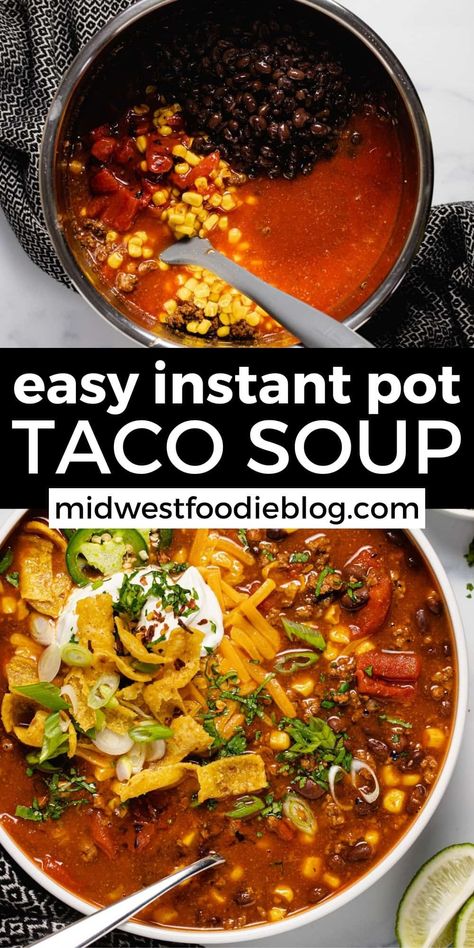 This instant pot taco soup takes about 20 minutes from start to finish and is loaded with hearty veggies and ground beef in a spiced tomato broth. When you want the taco flavors without the mess, or a bowl of something Southwestern without the heaviness of chili: taco soup is there for you. We’re also combining V8 and broth in this unique recipe for a thicker, heartier soup with more hidden veggies. V8 Soup Recipe, Chili Taco Soup, Chili Taco, Instant Pot Taco Soup, Easy Taco Soup, Unique Recipe, Taco Soup Recipe, Tomato Broth, One Pot Dinners