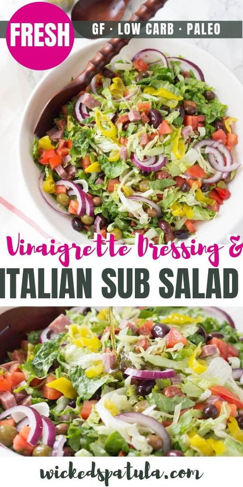 Keto Green Salad Recipes, Sub Sandwich Salad, Submarine Salad, Green Salad Ideas, Hoagie Salad, Italian Sub Salad Recipe, Italian Sub Salad, Sub Salad, Gluten Free Salad