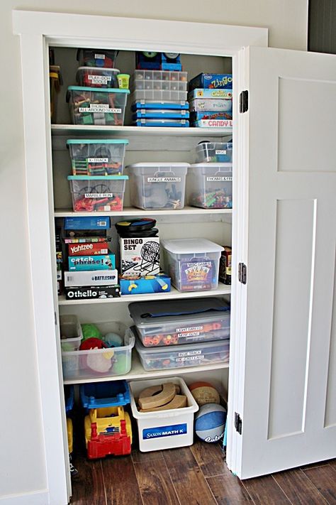 Organized Toy/Game Closet Game Closet Organization, Game Closet, Small Games, Game Organization, Cleaning House, Label Maker, Small Closet Organization, Small Closet, Closet Door