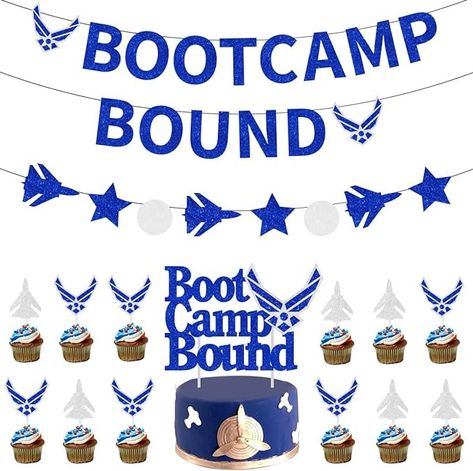 Amazon.com: Air Force Decorations, Air Force Bootcamp Bound Party Decorations Glitter Bootcamp Bound Banner, Boot Camp Bound Cake Topper, Air Force Cupcake Topper for Military Retirement Theme Farewell Party : Toys & Games Air Force Decorations Parties, Airforce Party Ideas, Air Force Decorations, Airforce Party, Navy Party Themes, Air Force Boot Camp, Air Force Cake, Military Send Off Party Ideas, Air Force Party