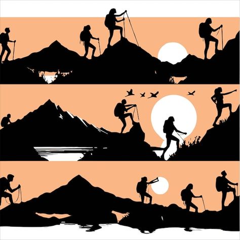 Silhouettes of people hiking in the moun... | Premium Vector #Freepik #vector #clipart #trekking #mountaineering #clip-art Trekking Illustration, Hike Illustration, Hiking Images, People Hiking, Silhouettes Of People, Hiking Inspiration, Inktober 2024, Silhouette People, Magazine Ad