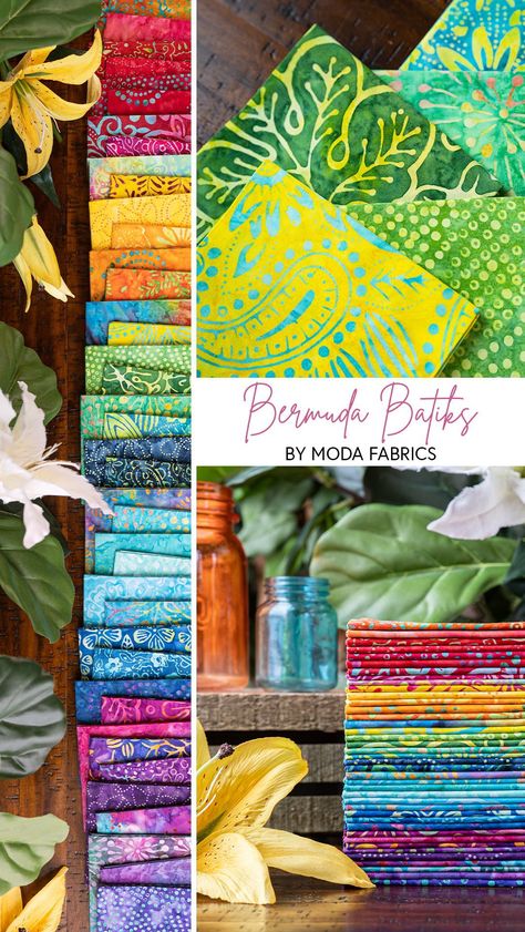 Bermuda Batiks by Moda Fabrics is a stunning batik fabric collection filled with vibrant tropical designs in a rainbow of color. With flowers, paisleys, tie-dye colors, and ocean-inspired prints, this collection includes yardage, FQ Sets, Jelly Rolls, Charm Packs, and Layer Cakes – shop now at Shabby Fabrics! Fabric Websites, Moda Fabric Collections, Quilt Fabric Collections, Quilt Material, Shabby Fabrics, Fabric Bundle, Batik Fabric, Fabulous Fabrics, Moda Fabrics