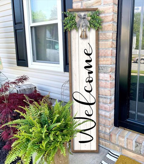 PRICES MAY VARY. 【Highquality Material】: the hanging vertical welcome sign for front porch is made of natural and quality wood material, sturdy and reliable to use, It is printed with weatherproof UV Inks that won’t fade, peel or crack. 【Perfect Size】: Welcome sign is 45" tall and 9" wide , 1" thick, weighs 2.5 lb. Ready to hang anywhere you want guests to see in your home, such as the porch, yard, entrances, entryways, front porches and walls and any conspicuous position. 【Exquisite Craftsmansh Farmhouse Outside, Dining Room Accent Wall, Outdoor Welcome Sign, Room Accent Wall, Winter Porch, Front Porch Signs, Porch Welcome Sign, Diy Porch, Welcome Signs