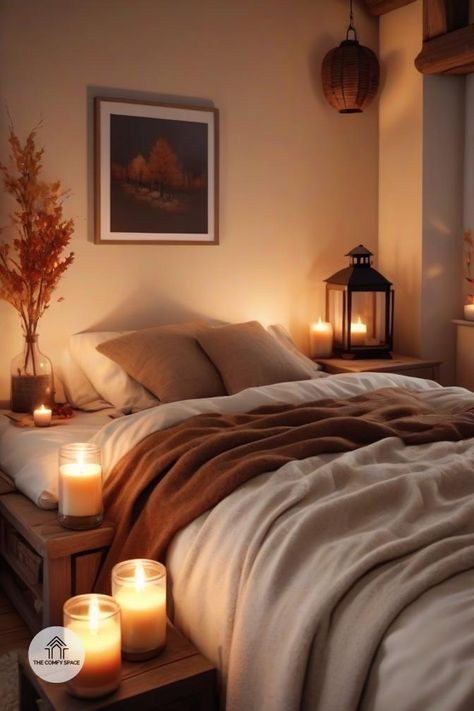 Learn how to use candles and lanterns to enhance your bedroom's fall decor.#HomeDecor #FallAmbiance #CandleLovers #Lanterns #InteriorInspo Bedroom Inspo Cozy, Bedroom Fall Decor, Fall Lanterns, Fall Bedroom, Bedroom Inspo, Interior Inspo, Cozy Fall, Cozy Bedroom, Autumn Home