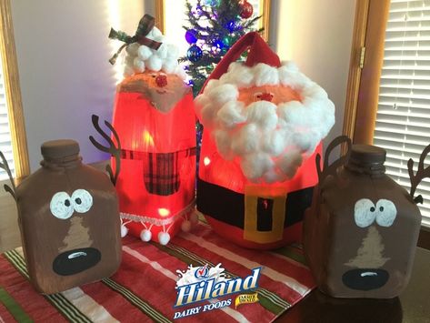 Learn How To Create Santa, Mrs. Claus and Reindeer With Milk Jugs! – Hiland Dairy Milk Jugs Christmas, Milk Jug Crafts, Recycle Craft, Reindeer Noses, Light Bulb Crafts, Halloween Potion Bottles, Red Crafts, Plastic Jugs, Spider Crafts