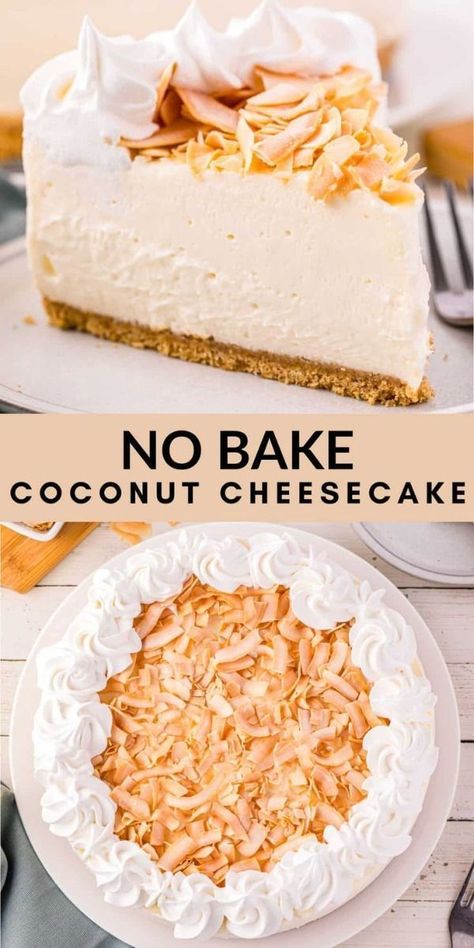 Creamy, coconutty, and so tasty – you absolutely will fall in love with this No Bake Coconut Cheesecake. This cheesecake is a tasty spring and summer dessert. This dessert has the perfect balance of just enough coconut flavor that it is not overpowering. With the graham cracker crust, the creamy cheesecake middle, toasted coconut, and whipped cream, you really cannot go wrong. If you are a lover of cheesecake, then you absolutely need to put this Coconut Cheesecake on your list ASAP! No Bake Coconut Cheesecake, Toasted Coconut Chips, Vanilla Bean Cheesecake, Spring Recipes Dessert, Dessert Places, Coconut Cheesecake, Coconut Pudding, Crock Pot Desserts, Coconut Desserts