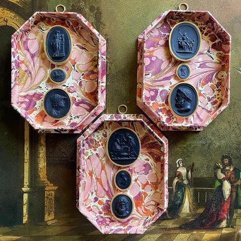 In the studio this morning: a trio of octagonal shadow boxes with black Italian plaster intaglios, awaiting their protective frame covers.… | Instagram Italian Plaster, Frame Collection, Shadow Boxes, Shadowbox Frame, In The Studio, The Studio, This Morning, Shadow Box, Paintings