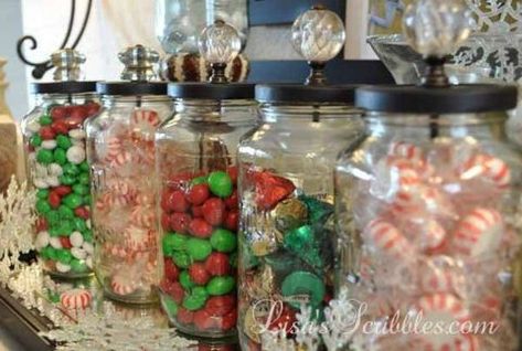 s 18 diy christmas gift ideas you ll want to keep for your home, home decor, These homemade crystal knob candy jars Diy Christmas Candy Jars, Frosted Candles, Christmas Candy Jars, Jars Ideas, Diy Christmas Candy, Recipe Tea Towel, Pretty Candle, Pottery Barn Inspired, Christmas Jars