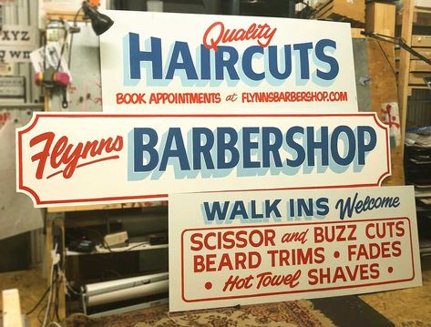 Vintage Sign Painting Lettering, Hand Painted Signs Vintage Signage, Hand Painted Signage, Vintage Sign Painting, Barbershop Sign, Vintage Store Signs, Barber Sign, Painter Business Card, Barber Shop Sign