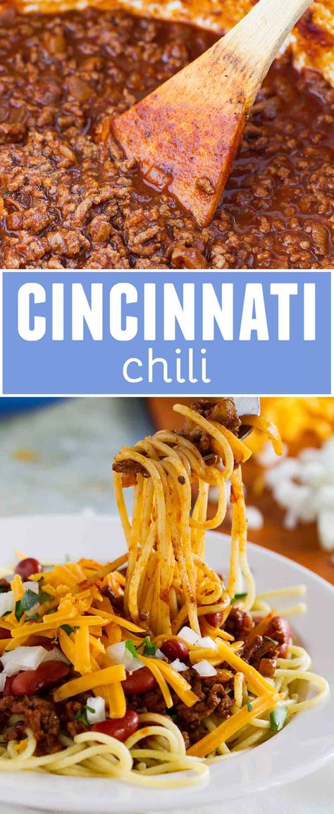 Beef chili is served over spaghetti and topped with beans, cheese and onion in this traditional Cincinnati Chili Recipe. Cincinnati Chili Recipe, Chili Spaghetti, Scotch Broth, Skyline Chili, Cincinnati Chili, Red Dishes, Chili Cook Off, Beef Chili, Goulash