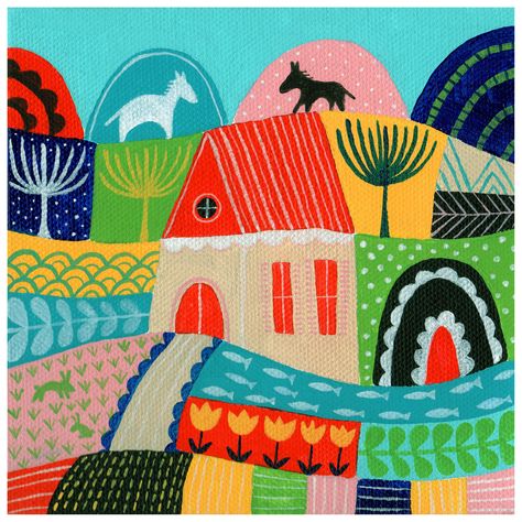 Folk Art Landscape - acrylic on canvas by Suzy Taylor Folk Art Mountains, Quilt Postcards, Folk Art Landscape, Art Mountains, Contemporary Folk Art, Farm Paintings, Landscape Acrylic, Applique Ideas, Farm Art