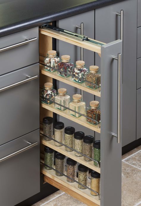 Store more spices in a pull-out cabinet.  One of the hardest working small spaces in your kitchen.  #sitelinecabinetry #storemore #spicestorage #fillerpullout #organization Houzz Kitchen, Remodeled Kitchens, Simple Kitchen Cabinets, Desain Pantry, Kitchen Modular, Kitchen Cupboard Designs, Kitchen Interior Design Decor, Remodeling Kitchen, Diy Kitchen Storage