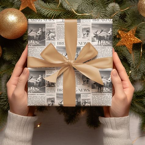 "Wrap your Christmas gifts in the charming and whimsical North Pole Newspaper Christmas Wrapping Paper. This unique gift wrap features a delightful black and white newsprint design reminiscent of a vintage newspaper. The festive gift wrap adds a touch of nostalgia to your presents, making them even more special. Made from eco-friendly materials, this wrapping paper is an excellent choice for those who care about the environment. The North Pole Newspaper Christmas Wrapping Paper is perfect for adding a cute and cozy touch to your holiday gift-giving. Transform your presents into little works of art with this one-of-a-kind wrapping paper. Get into the holiday spirit and give your loved ones gifts wrapped in this adorable, North Pole inspired gift wrap that will surely bring a smile to their Lego Gift Wrapping Ideas, Neutral Wrapping Paper, Newspaper Wrapped Gifts, Unique Christmas Wrapping Paper, Christmas Aesthetic Wrapping Paper, Autumn Gift Wrapping, Newspaper Christmas Wrapping, Intentional Christmas Gifts, Newspaper Wrapping Paper