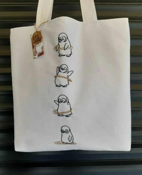 Random Diys, Penguin Embroidery, Converse Embroidery, Fabric Painting On Clothes, Embroidery Bags, Baby Penguins, Diy Tote Bag, Painted Clothes, Merch Ideas