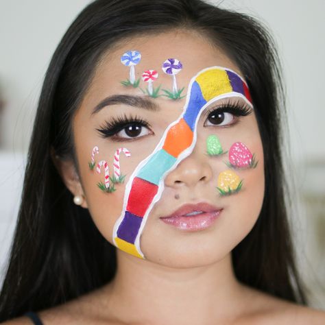 Fun creative face paint makeup idea, candyland theme! #creativemakeuplooks #facepainting #candy Candy Land Makeup Ideas, Candy Land Makeup, Candyland Theme Makeup, Candyland Makeup, Candyland Makeup Ideas, Candy Face Painting, Candy Face Paint, Candy Theme Makeup, Candy Fairy Makeup