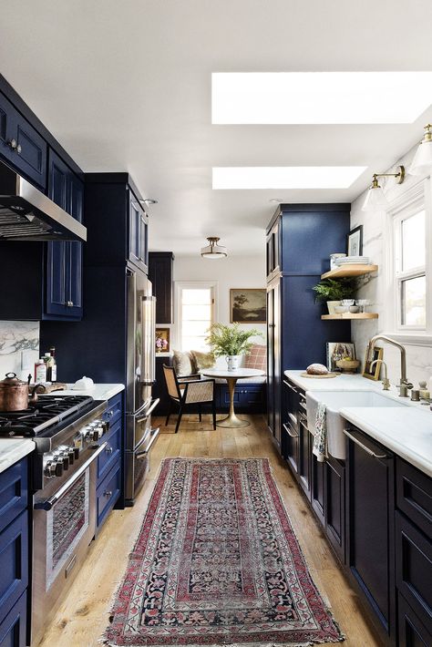 Navy Blue Kitchen Cabinets, Best Blue Paint Colors, Emily Henderson Design, Navy Blue Kitchen, Eclectic Style Decor, Blue Kitchen Cabinets, Blue Cabinets, Spanish Revival, Galley Kitchen