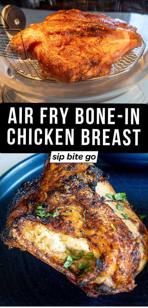 Air Fryer Split Chicken Breast Dinner Recipe with text overlay Air Fryer Split Chicken Breast, Bone In Chicken Breast Recipes Air Fryer, Air Fryer Bone In Chicken Breast, Split Chicken Breast Recipes Bone In, Chicken Breast Bone In Recipes, Bone In Chicken Breast Recipes, Split Breast Chicken Recipes, Baked Bone In Chicken, Split Chicken