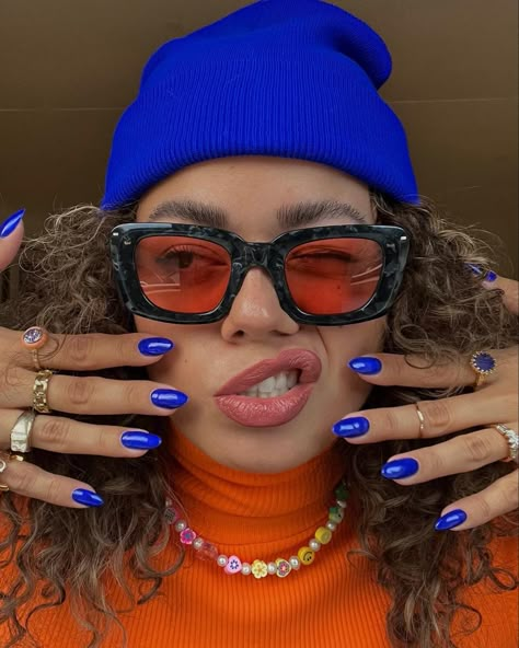 colorful, cobalt, nails, sunglasses, cobalt blue Blue And Orange Outfit Black Women, Cobalt Blue Top Outfit, Knicks Aesthetic, Blue Orange Outfit, Orange Blue Outfit, Blue Cap Outfit, Blue And Orange Outfit, Blue Pink Outfit, Orange And Blue Outfit