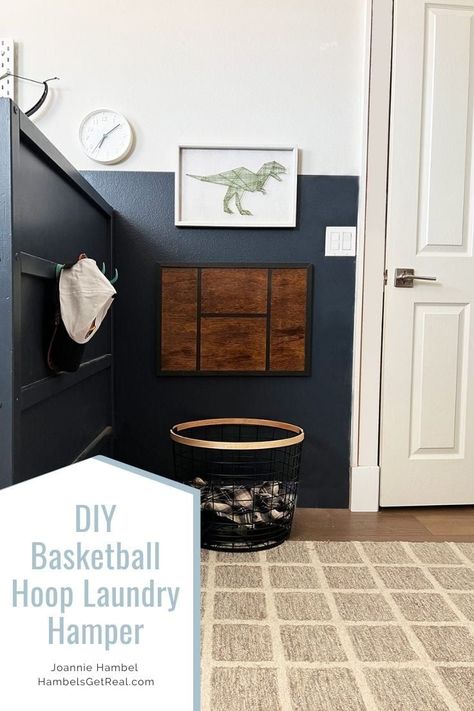 Here is a fun way to get your kids to keep their clothes off of the floor and in to the hamper! Make a DIY basketball hoop laundry hamper for kids. Basketball Hoop In Bedroom, Diy Basketball Hoop, Diy Basketball, Laundry Ball, Shadow Box Shelves, Easiest Burlap, Weathered Wood Finish, Plywood Projects, Burlap Decor