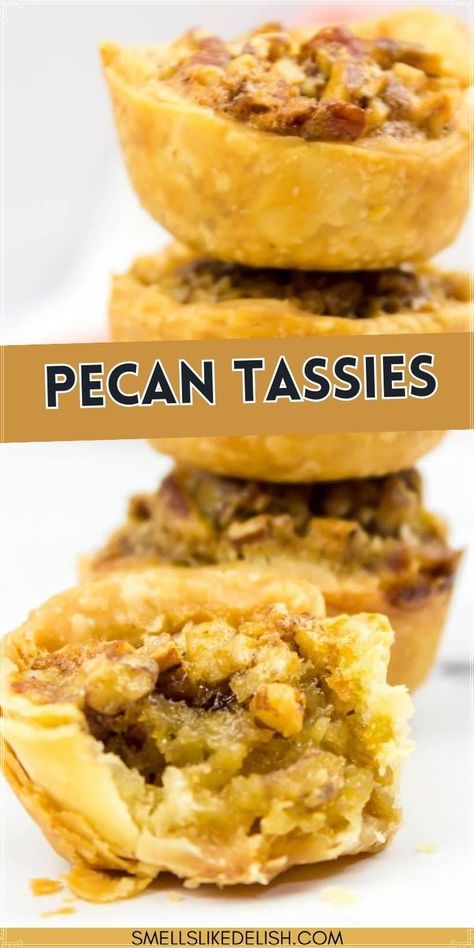 Craving pecan pie but short on time? These Easy Pecan Tassies are the answer! Made with store-bought pie crust and a mini muffin pan, they deliver all the deliciousness of pecan pie in adorable bite-sized portions. Plus, this recipe ditches the corn syrup for a healthier and just-as-scrumptious filling! Pecan Tassies Recipe, Frozen Casserole Recipes, Pecans Recipes, Pecan Tassie Recipe, Tassies Recipe, Peach Crumble Pie, Pecan Tassies, Pecan Pie Bites, Store Bought Pie Crust