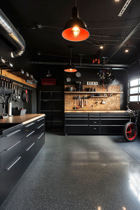 garage paint ideas for black walls Black Interior Garage, Masculine Garage, Dark Garage Interior, Garage Mancave Ideas, Black Garage Interior, Garage Ideas Man Cave, Garage Painting Ideas, Painting A Garage, Living Room Photo Wall