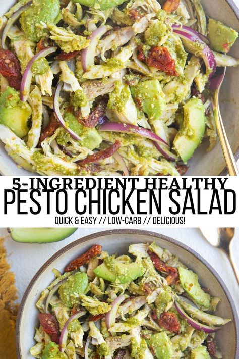 Pesto Chicken Salad - A quick and easy Pesto Avocado Chicken Salad recipe requires only 5 basic ingredients and is just so delicious! This chilled and refreshing chicken salad recipe is ideal for the warm months of the year, plus it’s easy to customize! Warm Chicken Salad Recipe, Pesto Chicken Salad Recipe, Chicken Pesto Salad, Pesto Chicken Salad, Pesto Salad Recipes, Warm Chicken Salad, Avocado Chicken Salad Recipe, Lettuce Salad Recipes, Healthy Pesto