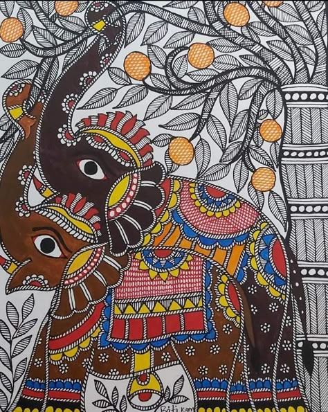 Madhubani Elephant, Cubist Drawing, Sequence Art, Madhubani Motifs, Madhubani Paintings Peacock, Painting Madhubani, Mithila Art, Worli Painting, Colorful Art Paintings