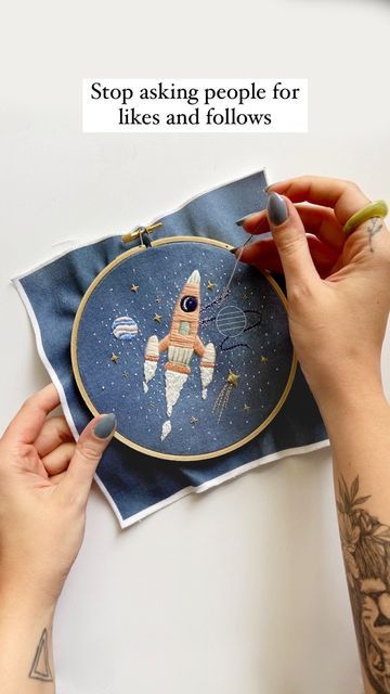 Embroidery by Emily June on Instagram: "This audio was too cheeky. Also I finally finished up the rocket embroidery design this morning, which means that it will finally be available soon as a pattern and kit! It only took months! #etsyhandmade #embroideryart #embroideryvideo #instagramalgorithm #embroider #embroiderypattern #handmadeisbest #craftinessishappiness #craftymama #modernembroidery #contemporaryembroidery" Rocket Embroidery, Instagram Algorithm, Contemporary Embroidery, Embroidery Videos, Crafty Mama, Modern Embroidery, A Pattern, Etsy Handmade, Embroidery Art