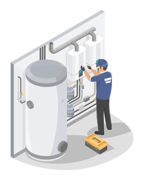 Technician or plumber on Gas boiler Water Heater install or Repair and Maintenance Home Service isometric isolated vector Gas Boiler, School Murals, Isometric Art, Repair And Maintenance, Water Heater, Air Conditioner, Adobe Stock, Stock Vector, Repair