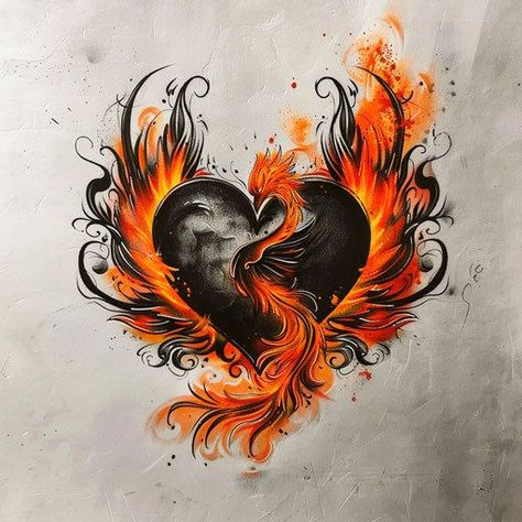 Heart Tattoo Flash, Black Heart Tattoo, Fenix Tattoo, Black Heart Tattoos, Best Cover Up Tattoos, Purple Tattoos, Phoenix Tattoo Design, Flame Tattoos, Wicked Tattoos