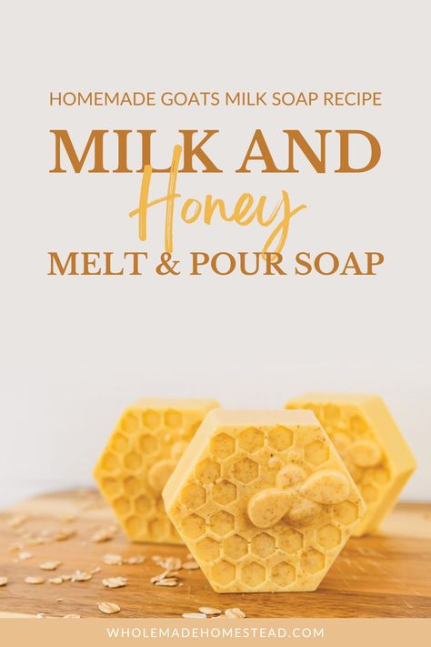 Make your shower routine more luxurious with a bar of homemade milk and honey soap. This easy DIY soap is made without handling lye and is perfect for beginner soap makers. Made with goats milk, honey, kefir, turmeric and plenty of skin soothing essential oils. This rich creamy soap is fun for all ages to create and makes a unique gift. Honey Soap Diy, Honey Soap Recipe, Milk And Honey Soap, Goat Milk Soap Recipe, Homemade Goat Milk Soap, Homemade Milk, Diy Soap Bars, Essential Oils Cleaning, Diy Aromatherapy