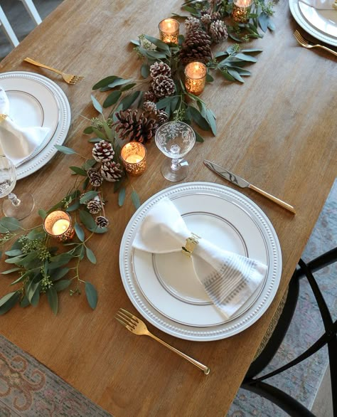 Pine Cone + Eucalyptus Garland Holiday Tablescape - 1111 Light Lane Eucalyptus And Pine Garland, Winter Table Runner Ideas, Christmas Eucalyptus Garland, January Tablescapes, Wooden Table Design, Gardening Table, Garland Table Runner, Table Decor Kitchen, Jul Diy