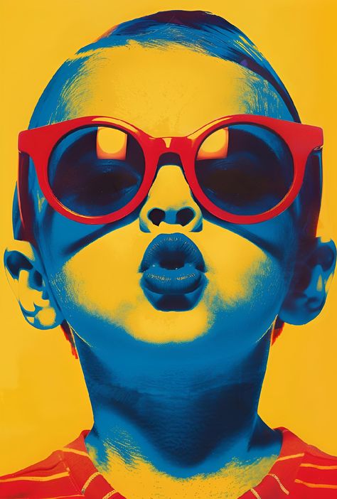 Save & Follow PixelSynth for more vibrant art! This colorful portrait of a child with oversized red sunglasses and a playful expression showcases the Pop Art style. Originating in the 1950s, Pop Art uses bold colors and iconic imagery to reflect popular culture and challenge traditional art norms. Often created through screen printing and other mixed media, it brings a lively energy to any space. Enhance your feed with this brilliant burst of creativity! #PopArt #VibrantArt #ColorfulCreations #ArtInspiration Pop Art Graphic Design, Sunglasses Reflection, Pop Art Photography, African Portraits Art, Pop Culture Icons, Playful Expression, Pop Art Portraits, Sell Photos, Pop Art Posters