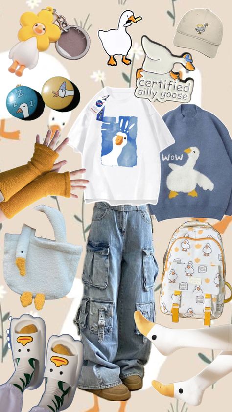 Goofy Outfit Ideas, Duck Accessories, Duck Outfit, Clothes Collage, Silly Clothes, Clothing Design Sketches, Kawaii Fashion Outfits, Vibe Clothes, Cool Fits