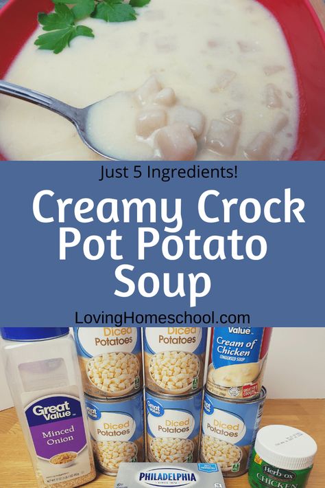 Creamy Crock Pot Potato Soup is a family pleasing 5 ingredient recipe made with all but one pantry staple with the set it and forget it ease of the crock pot. #lovinghomeschool #soup #potatoes #potatorecipe #potatosoup #crockpotrecipe #crockpotsoup Recipe With Canned Potatoes, Crock Pot Potato Soup, Crock Pot Potato, Potato Soup Crock Pot Easy, Creamy Potato Soup Recipe, Easy Homemade Chili, Homemade Potato Soup, Slow Cooker Potato Soup, Canned Potatoes