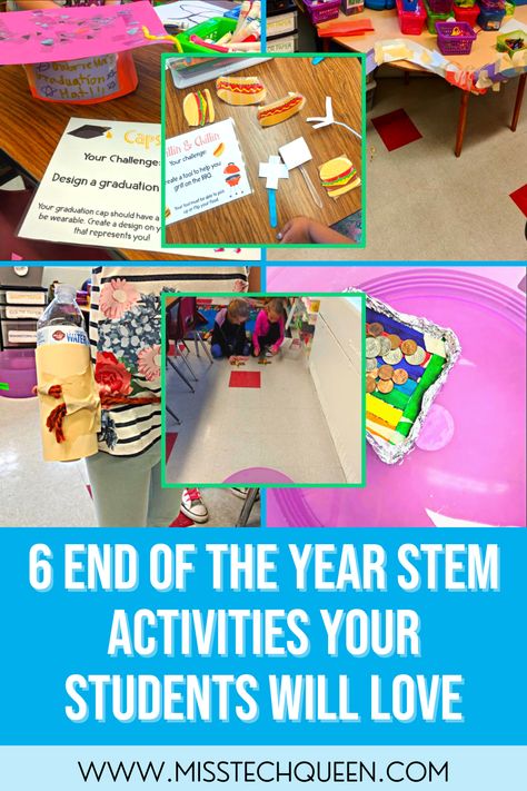 Keep your students engaged and excited during the end of the school year with these fun STEM activities they will love! Perfect for your kindergarten, 1st, 2nd, and 3rade grade students during the final weeks of the year. Some of these STEM activities include Grillin' and Chillin' Challenge, Diving Board STEM activity, water bottle holder for Field Day, Twist and Turn STEM Challenge, and Graduation Cap for End of Year activities. Celebrate the end of school with these engaging STEM activities! 2nd Grade Last Week Of School Activities, Fun Activities For Second Grade, End Of The Year Stem Challenges, End Of Year Science Experiments, Stem Grade 1, End Of The Year Science Activities, End Of Year 4th Grade Activities, Fun End Of School Year Activities, Stem Day Activities For Kids