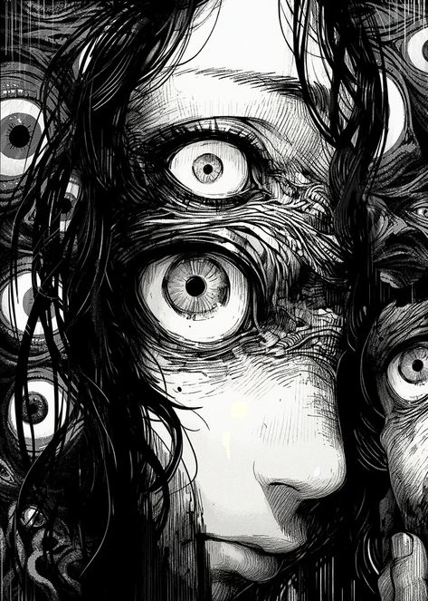 Creepy Cool Art, Eyes Drawing Scary, Black Eye Drawing, Creepy Manga Art, Eyes Scary Art, Transformation Art Ideas, Black And White Art Ideas, Creepy Anime Art, Horror Artwork Creepy Dark Art