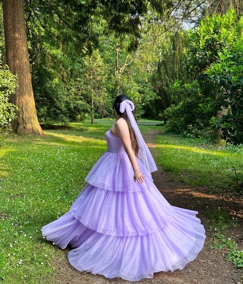 Purple Gown Aesthetic, Fairy Core Garden, Pink Aesthetic Bow, Elaborate Gowns, Enchanted Gown, Purple Dress Aesthetic, Aesthetic Princess Dress, Gown Aesthetic, Lace Dress Outfit