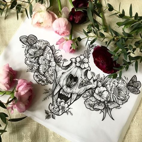 Tiger Skull Tattoo Design, Skull Flower Back Tattoo, Animal Skull Neck Tattoo, Elegant Animal Tattoos, Cat Skull And Flowers Tattoo, Gothic Friendship Tattoos, Under Bust Tattoo Design, Crow Sternum Tattoo, Ball Of Shoulder Tattoo For Women