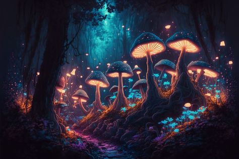 bioluminescent mushroom forest at night Fantasy Mushroom Forest, Mushroom Background, Fungi Illustration, Faerie Aesthetic, Fantasy Mushroom, Forest At Night, Cool Galaxy Wallpapers, Forest Drawing, Elder Scrolls Art