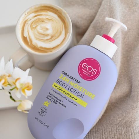 Our sweet and nuzzly Vanilla Cashmere body lotion captures the warmth of whipped vanilla, the softness of musk and the coziness of the caramel for a rich, luxurious fragrance with a sensual twist. - 24-hour moisture + soothing protection for dry skin - Leaves your skin soft, without greasiness, heaviness or sticky residue - Contains sustainably-sourced ingredients - Dermatologist tested & hypoallergenic - Not tested on animals - 7 nourishing oils + butters - Parabens, phthalates, & gluten free Eos Lotion, Vanilla Lotion, Vanilla Cashmere, Shea Butter Body Lotion, Eos Products, Better Body, Body Hacks, Body Care Routine, Moisturizing Lotions