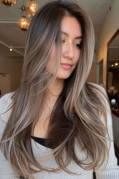 Long Hair Bangs, Ash Brown Hair Balayage, Balayage Asian Hair, Short Bleached Hair, Wet Look Hair, Hair Styles For Long Hair, Styles For Long Hair, Hair Color Asian, Stylish Ponytail