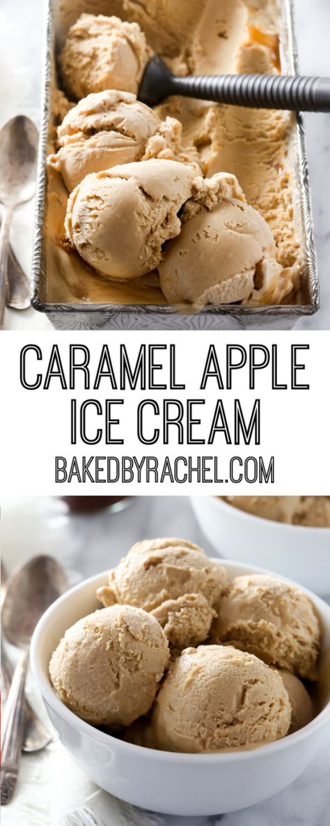 Creamy homemade caramel apple ice cream recipe from @bakedbyrachel A must make Fall dessert! Homemade Apple Ice Cream, Apple Cider Ice Cream Recipe, Apple Pie Ice Cream Recipe, Fall Ice Cream Recipes, Fall Ice Cream Flavors, Apple Ice Cream Recipe, Cinnamon Apple Butter, Caramel Apple Ice Cream, Kitchen Aid Ice Cream Recipes