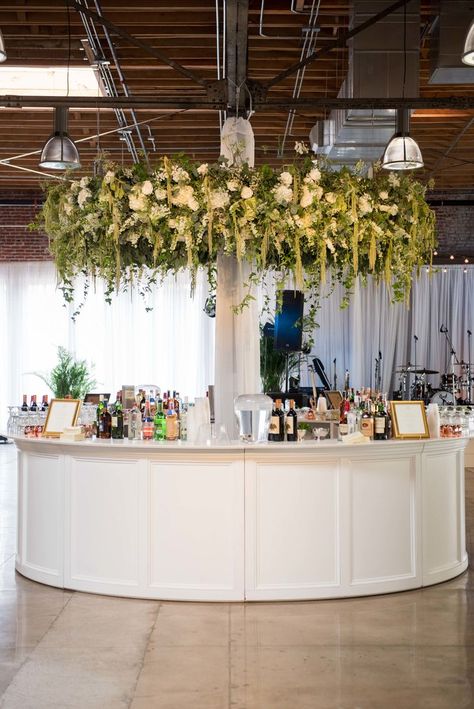 Suspended Vine, Amaranthus and Hydrangea Bar Floral Arrangement Bar Floral Arrangement, Elegant Southern Wedding, Wedding Bar Decor, Wedding Drink Station, Floral Archway, Event Bar, Flower Chandelier, Floral Chandelier, Wedding Reception Inspiration