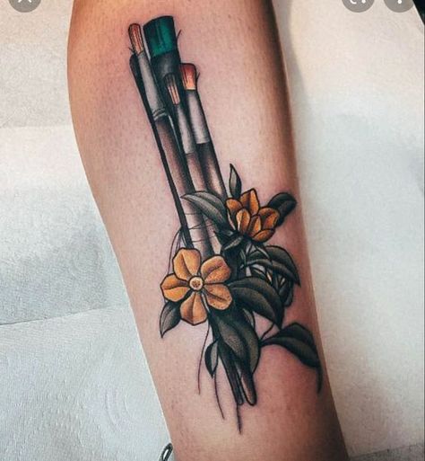 Traditional Paintbrush Tattoo, Paint Brushes Tattoo, Paint Pallet Tattoo, Artist Tattoo Ideas Paintbrush, Paint Palette Tattoo, Painters Tattoo Ideas, Neotraditional Sleeve, Paint Brush Tattoo, Andrew Tattoo