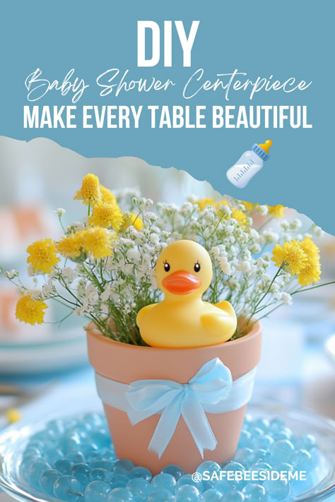 A DIY baby shower centerpiece with a mini flowerpot featuring a rubber ducky surrounded by yellow and white flowers. The pot is placed on a layer of blue glass beads, creating a playful water-inspired look for a baby shower table decoration. *We may earn a small commission from your purchase. Yellow Duck Theme Birthday Party, Rubber Duck Themed Baby Shower Ideas, Rubber Duck Party Ideas, Rubber Duck Baby Shower Theme, Duck Theme Baby Shower Ideas, Little Duckling Baby Shower Theme, Duckling Baby Shower Theme, Ducks Baby Shower Ideas, Baby Shower Centerpieces Neutral