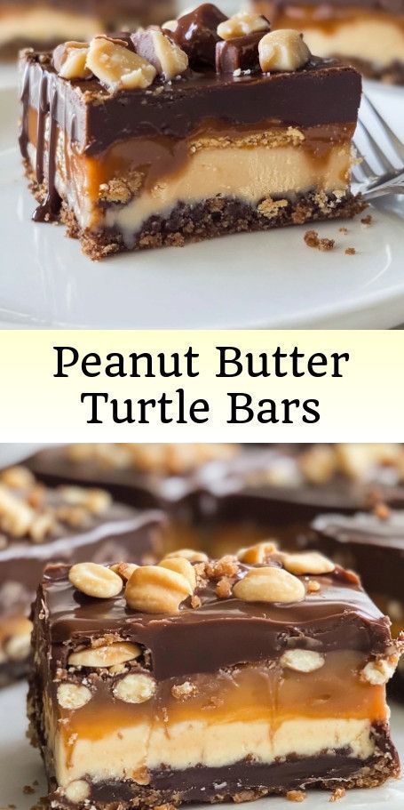 Save this Turtle Dream Bars with Peanut Butter Twist recipe for your next dessert craving! The creamy peanut butter layer adds a delicious twist to the classic no-bake treat. Perfect for any occasion, these bars are sure to be a hit with your family and friends. #DessertRecipe #PeanutButterDessert #SweetTreats #ChocolateCaramelBars #EasyRecipe Turtle Bars Recipe, Turtle Cookie Bars, Bars With Peanut Butter, Turtle Dessert, Caramel Pecans, Turtle Bars, Praline Recipe, Chocolate Peanut Butter Brownies, Homemade Fudge Recipes