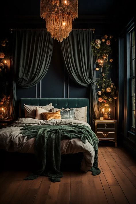 50+ Whimsy Goth Bedroom Ideas Gothic Bedroom With White Walls, Romantic Forest Bedroom, Goth Glam Bedroom Ideas, Dark Bedroom Wallpaper Ideas, Dark Moody Academia Bedroom, Dark Velvet Bedroom, Dark Color Decor, Magical Bedrooms For Adults, Unusual Bedroom Layout