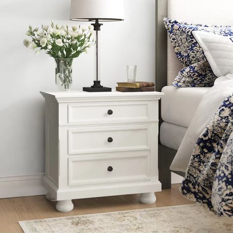 Three Posts™ Adcox 3 Drawer Nightstand & Reviews | Wayfair White Wood Nightstand, White Nightstand Bedroom, Nightstand Drawer, White Nightstands, Bedroom Nightstands, Nightstand Wood, Three Drawer Nightstand, Chunky Sweaters, Wardrobe Designs