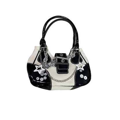 Black And White Contrast, Star Silver, Aesthetic Bags, Patent Leather Handbags, Star Chain, Handbag For Women, Pretty Bags, Baguette Bag, Cute Purses